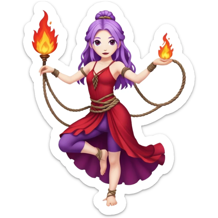 Full body rope Poi fire dance performer pale skin with long purple hair red dress sticker