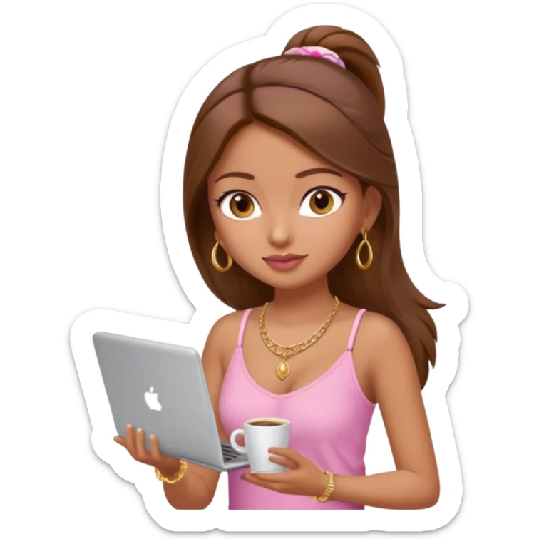 a pretty fair indian bratz girl with brown hair. with a pink cami top, drinking takeaway brown coffee, golden dainty necklace and carrying a white laptop sticker