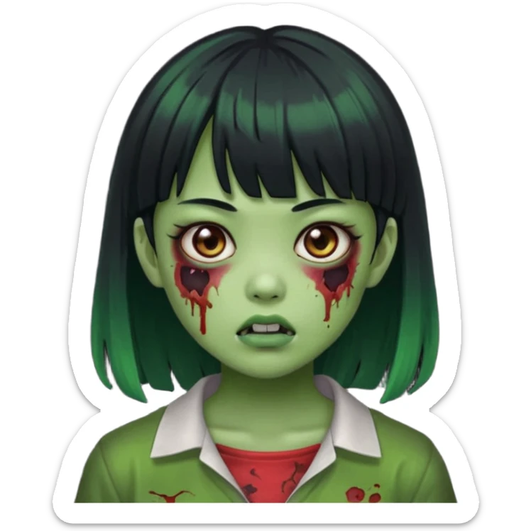 zombie girl asian green skin with bangs black hair  sticker