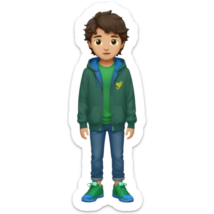 a 14 year old slightly tanned teenage boy with dark brown tousled wavy hair, wearing a green tshirt, with a dark green hoodie overcoat with blue jeans and green shoes sticker