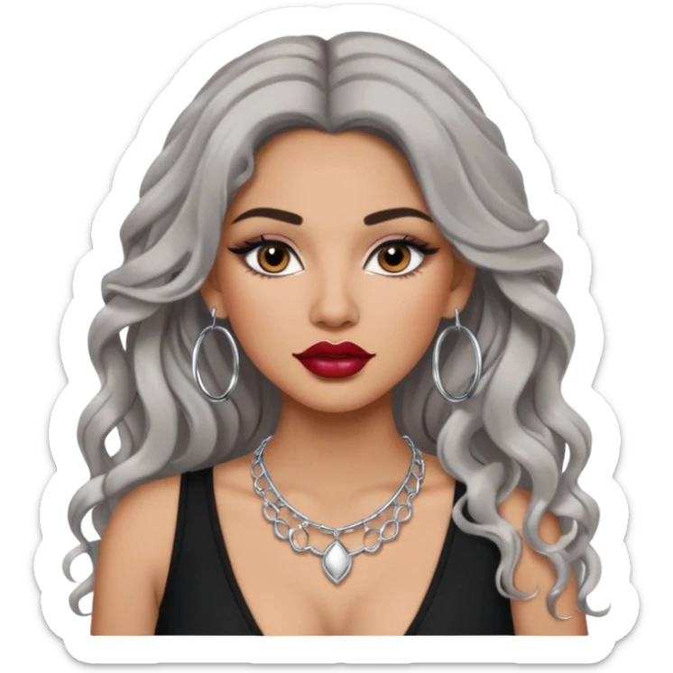 Latina makyaj olsun, düz fiyatlar, halka küpeler büyük gümüş renginde olsun, kolye taksın gümüş renginde. Günümğzdeki latina girl ler gibi olsun saçı uzun olsun. crop olmasın baddy giyisin. makyaj bol olsun, dudak kalemi dudağını dolgun yapsın, kirpiği olsun, saçı kaparık olmasın sticker