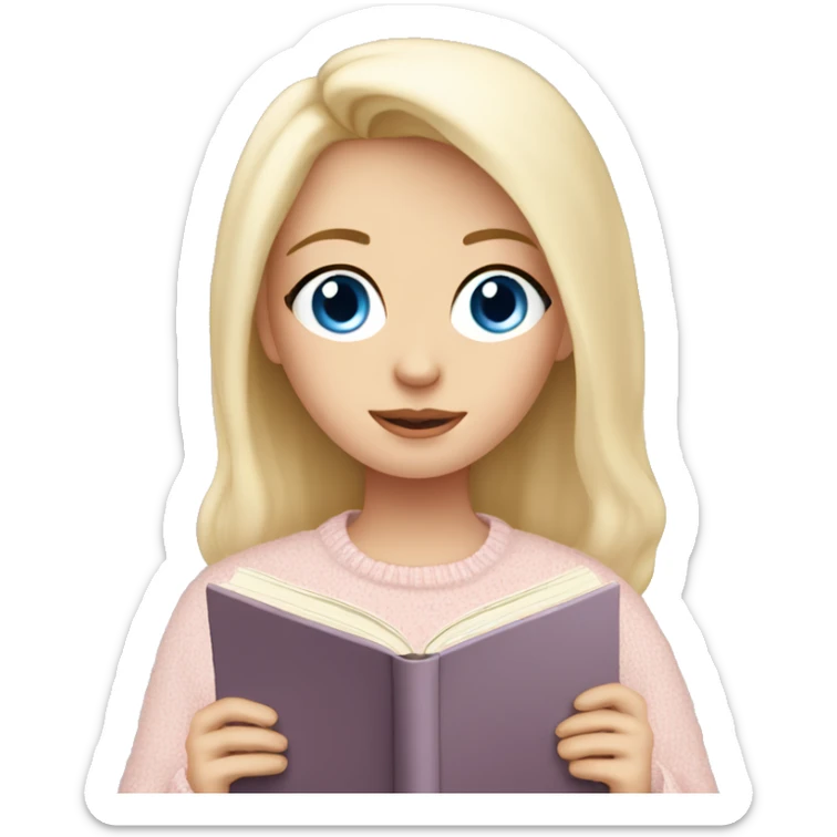 Pretty blue eyed white girl with light pink sweater reading cozy sticker
