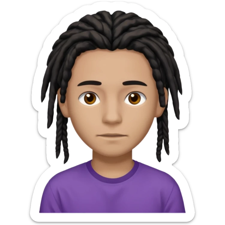 brown teen with black dreads in a middle part with brown eyes and a small faint mustache and purple shirt sticker