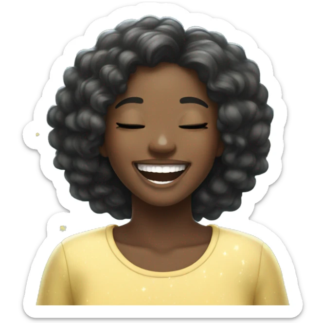 A cute, cheerful black girl laughing, straight hair, and eyes closed in joy, surrounded by light blue sparkles sticker