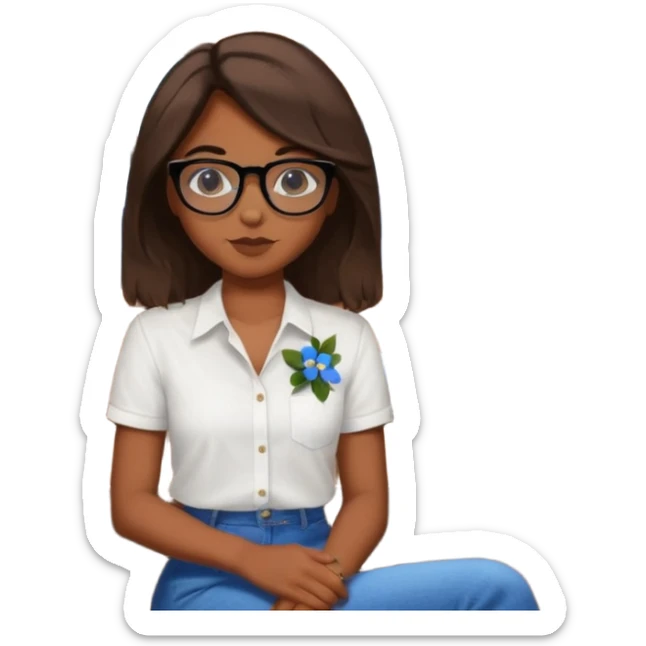 No pero que las florecitas azules estén en la camiseta dibujadasCréame una chica morena de pelo más o menos por los hombros con granitos en la cara y unas gafas negras, que esté sentado en una silla de bar con una camisa blanca con florecitas azules sticker