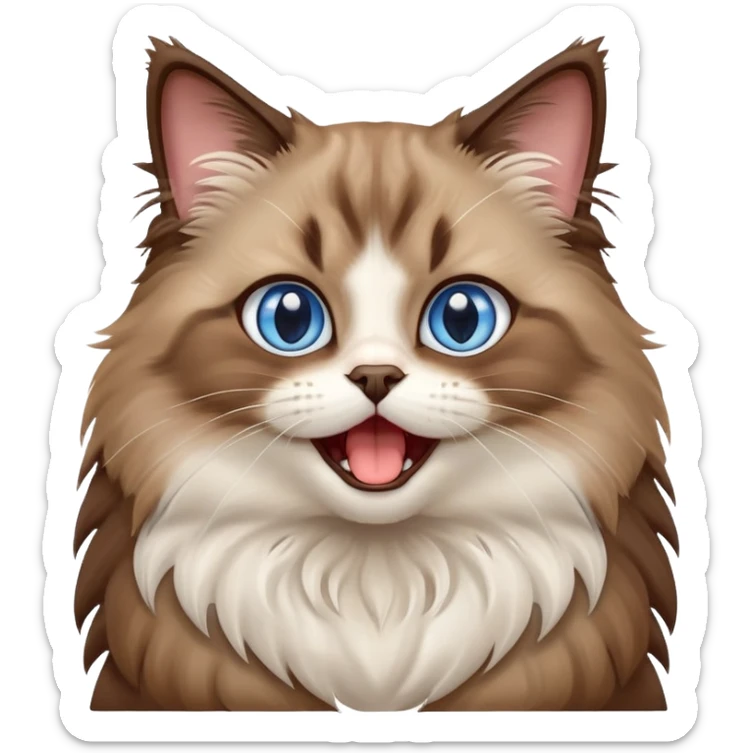 cinematic-adorable-big-eyed-fluffy-brown ragdoll-cat-portrait-emoji,-head-tilted-playfully-with-a-cute,-yawn,-white and brwon fur,-simplified-yet-irresistibly-cute-features, blue eyes sticker