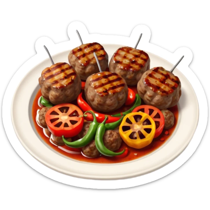 Akçaabat meatballs object icon, grilled Turkish kofte pieces on a plate, smoky char marks, juicy texture, served with grilled peppers and tomatoes, 3D cartoon, mobile game icon style, centered, clean background, no text, no watermark
 sticker
