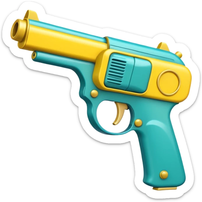 Teal and yellow Gamma Tasman pistol cartoony ray gun sticker
