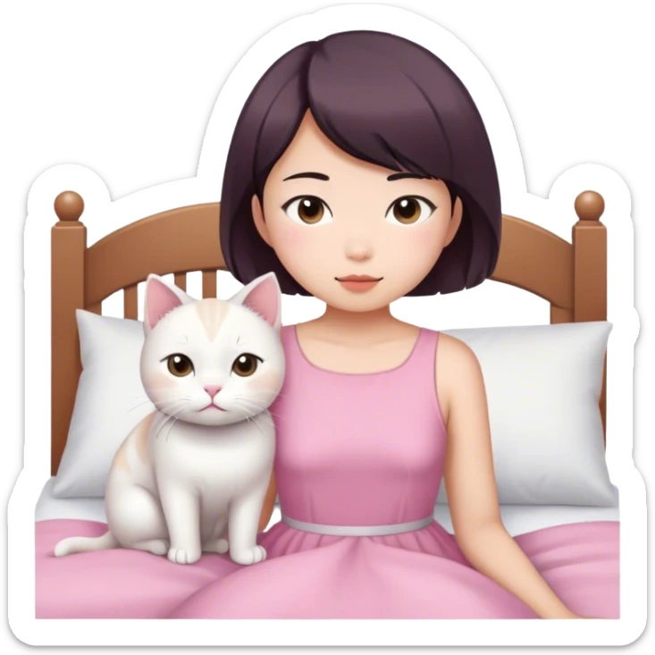 Short hair Asian girl wake up with white cat in pink dress  sticker