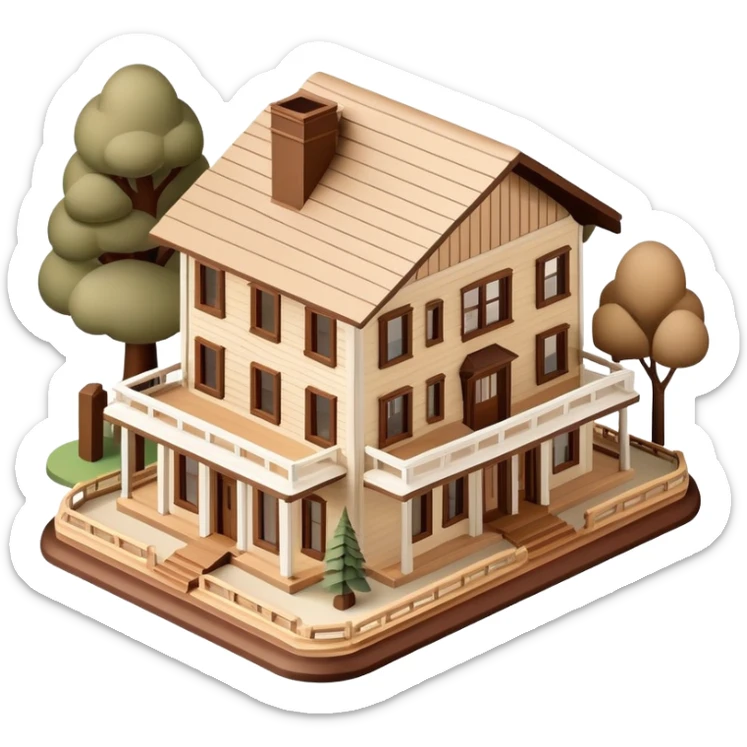 Isometric exterior brown and beige national parks visitor center, dollhouse style 3D realistic  sticker
