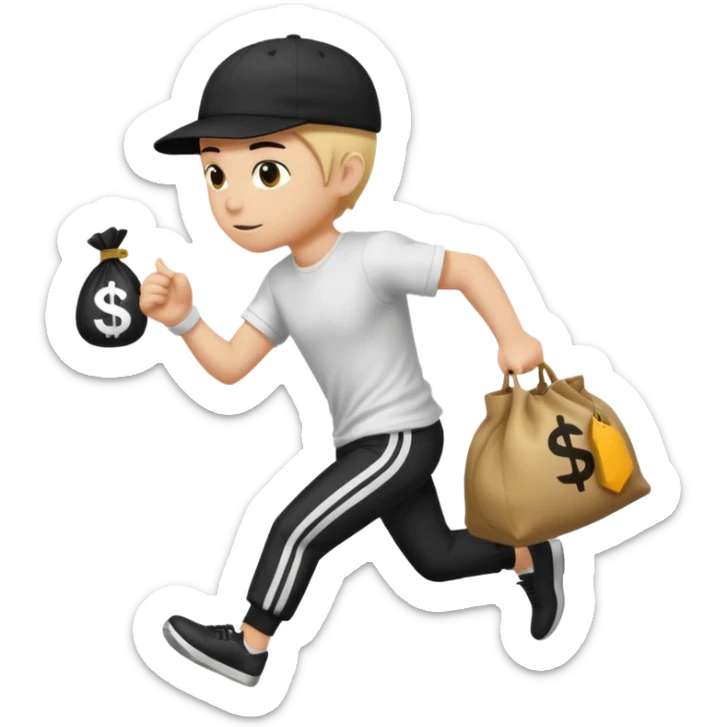 Thief with black cap white t-shirt with black tripes all ower the shirt emoji runing with money bag sticker