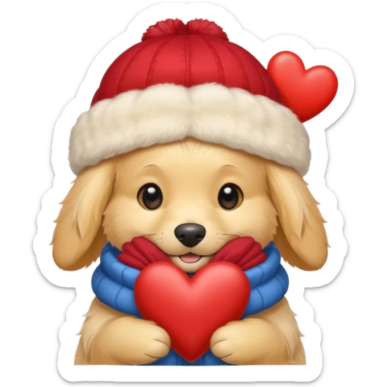 English cream golden retriever cartoon cuddling with winter hats and heart in between them sticker