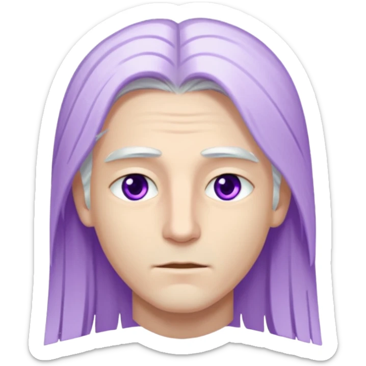 Beyaz uzun ve düz saçları olan,mor göz rengi olan, bembeyaz tenli bir erkek,genç,gözleri hafif çekik ve saçları da teni de bembeyaz olacak,genç olacak,kırışıklığı olmayacak,gözleri çekik ve mor renk olacak sticker