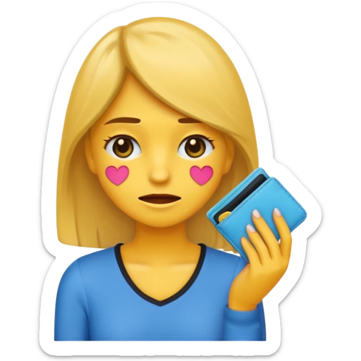 Emoji de una chica joven mostrando que no tiene dinero, sosteniendo una billetera vacía, expresión preocupada o triste, estilo emoji moderno y minimalista, colores planos, líneas limpias, fondo transparente. sticker