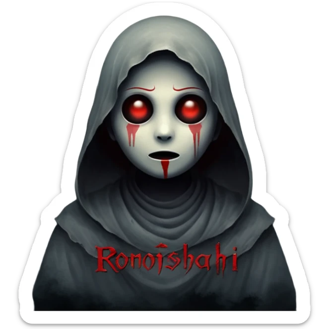 Dark horror wallpaper, 1080x2400, smoky grey charcoal background, subtle eerie light, misty fog, floating dust ("dhoasha dhoasha"), centered text "ROJONI" in distressed horror font, faint red smears, cinematic grain, spooky vibe --ar 9:20 --v 5 sticker