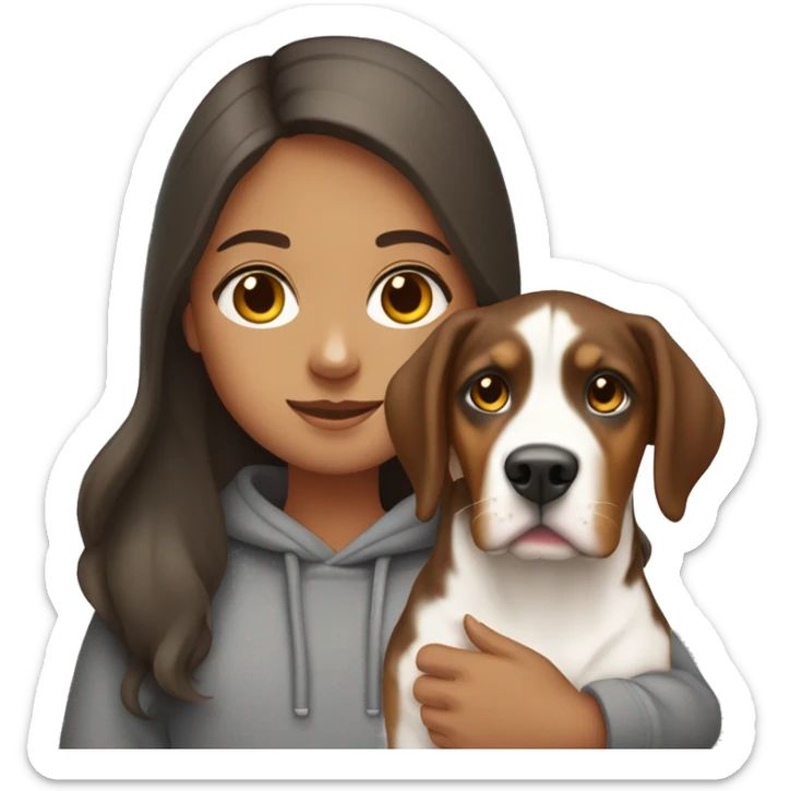 girl with long brown hair wearing a grey sweatshirt and holding a greater swiss mountain dog sticker