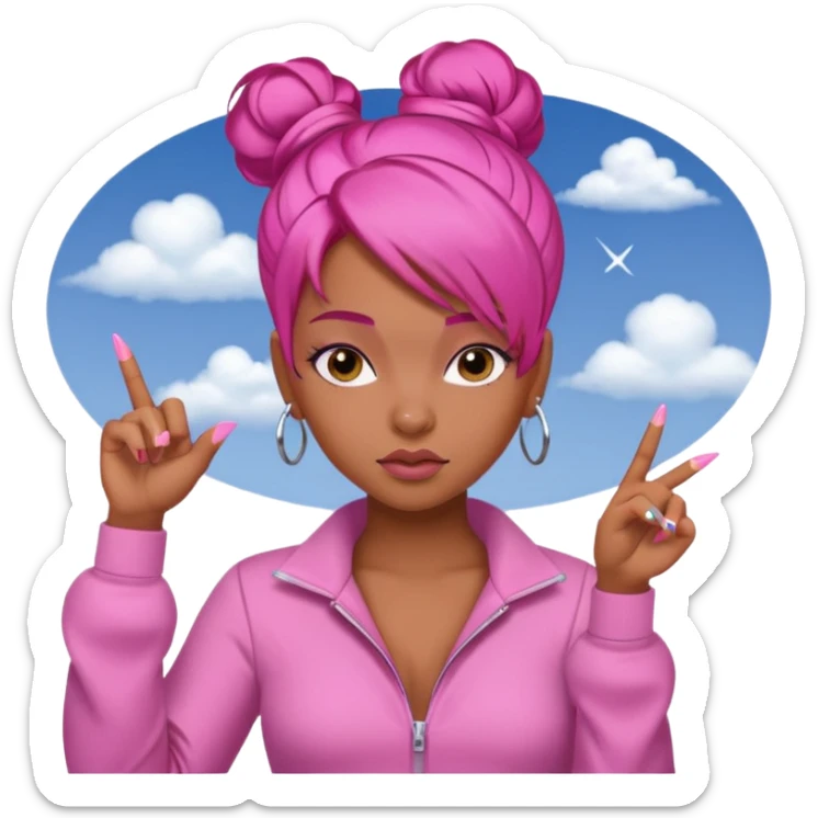 Brownskin girl , pink hair , edges ,  sassy looking pointing at the sky while pouting, pink nails, hair a slick back bun, with a pink jumpsuit  sticker
