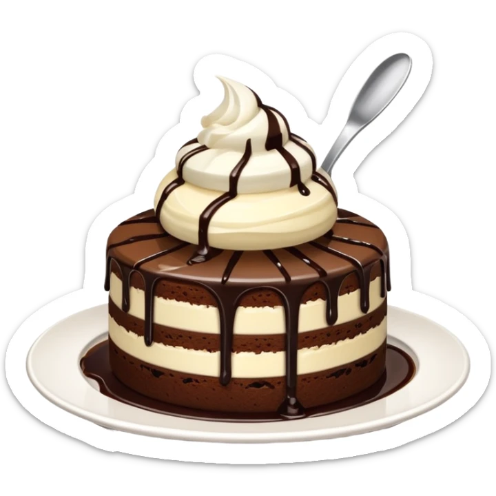 round chocolate cake with a scoop of vanilla ice cream, chocolate syrup drizzle, on a white plate, minimal and clean emoji style sticker
