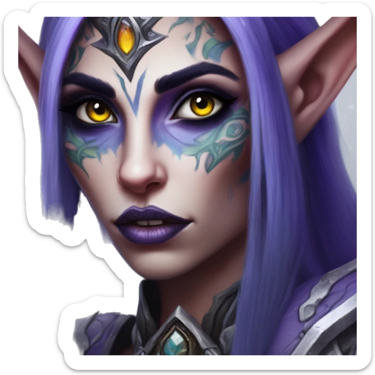 Tattooed night elf in world of warcraft style, oil paint, mysterious eyes, intricate lips, masterpiece portrait, beautiful, desirable, logical sticker