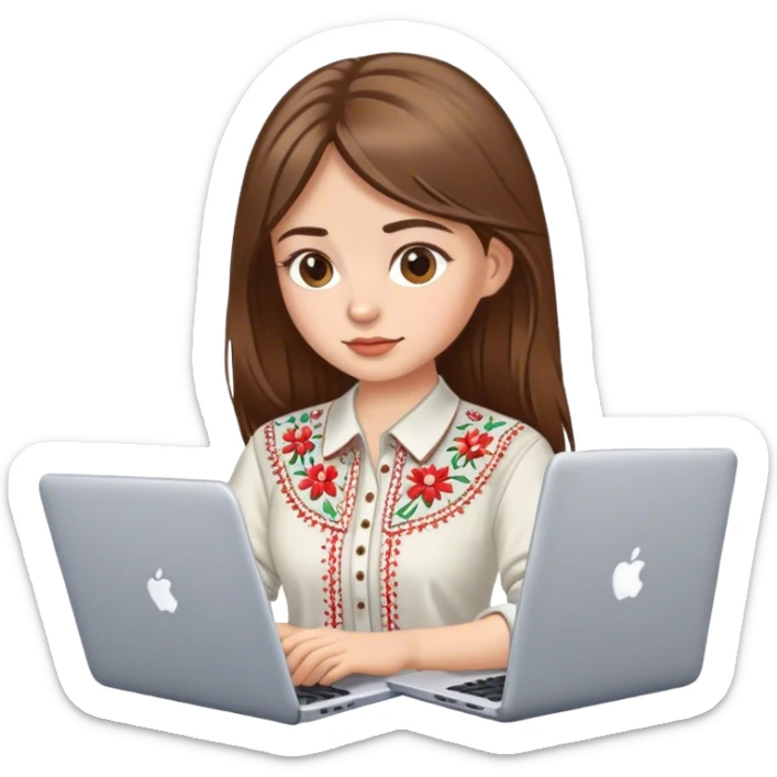 A Ukrainian girl with brown hair in an embroidered shirt works at her laptop sticker