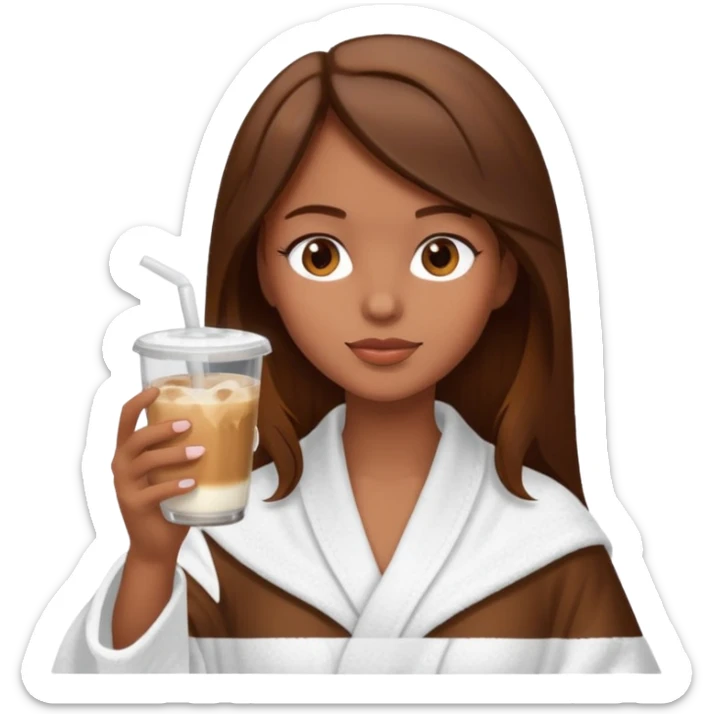 Side profile of a girl with brown hair in a robe and towel sipping iced coffee sticker
