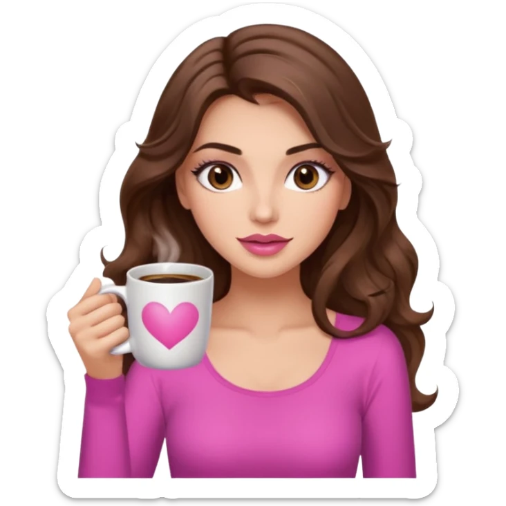 girl with long wavy brown hair, brown eyes, long lashes, makeup ,sexy pink lips, light to medium complexion, pink sexy top, with a coffee mug sticker