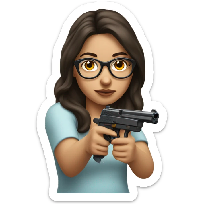 brunette girl wearing glasses shooting a fake gun sticker