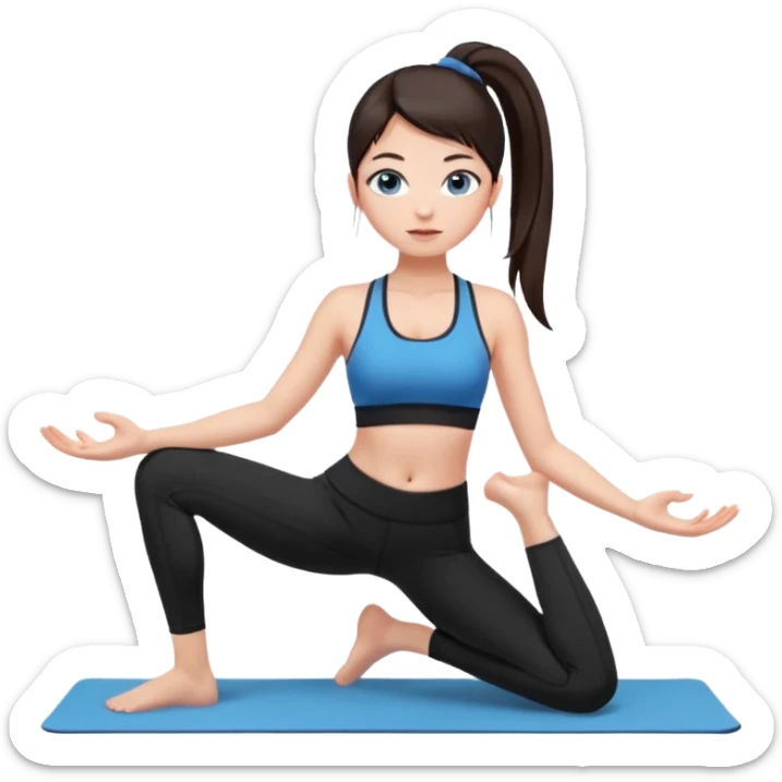 A girl with fair skin and a caring blush. Her eyes are big, expressive, blue. Her hair is long, straight, dark brown.
 in a ponytail, she is wearing black leggings and a black sports bra. doing yoga sticker