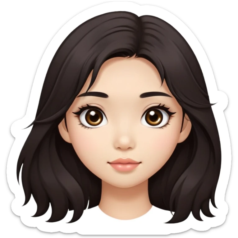 Asian girl with very long shaggy deep dark brown hair, big dark eyes. long lower lashes, cheekbones with blush. big dimples. long hair sticker