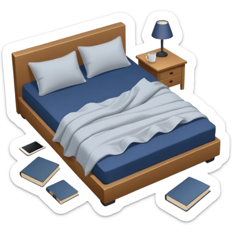 messy bed with a wrinkled blanket, the pillow out of place on the floor. Around the bed, scattered items include a t-shirt, pants, and an open book on the floor. sticker