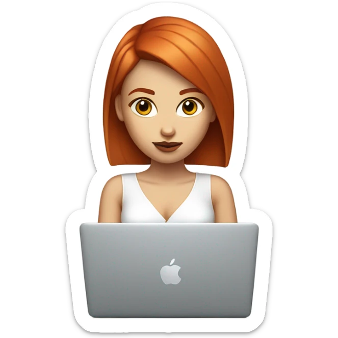 girl with straight short red hair, big lips, big eyes, calm face, in white decolletage works on macbook sticker