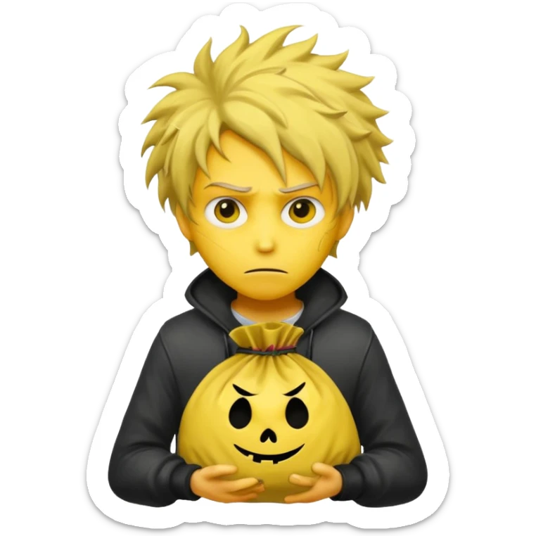 Ladrão com saco de dinheiro emoji efeito Mandela com pele amarelo com apenas a cabeça e os ombros aparecendo sem mãos sticker