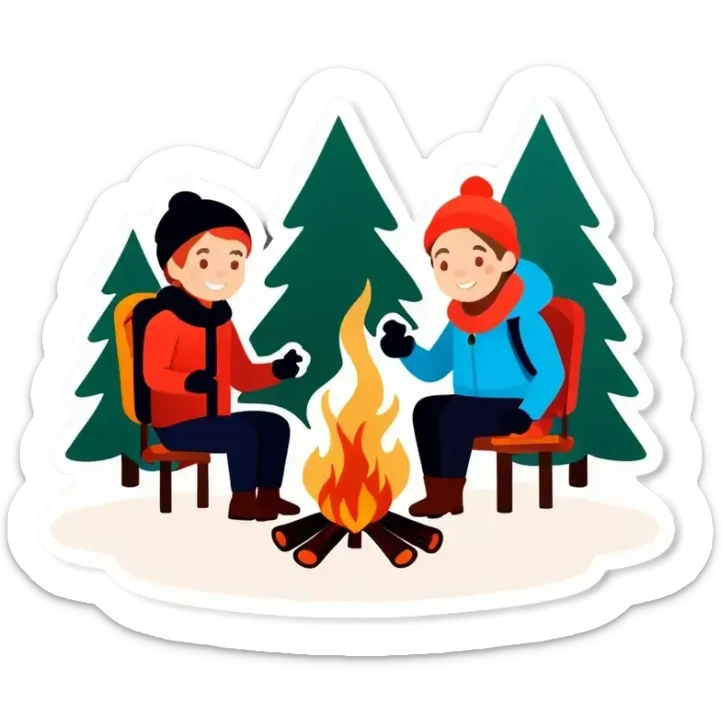 Drei Personen, Lagerfeuer in schneebedeckten Wald mit Nordlichtern am Himmel sticker