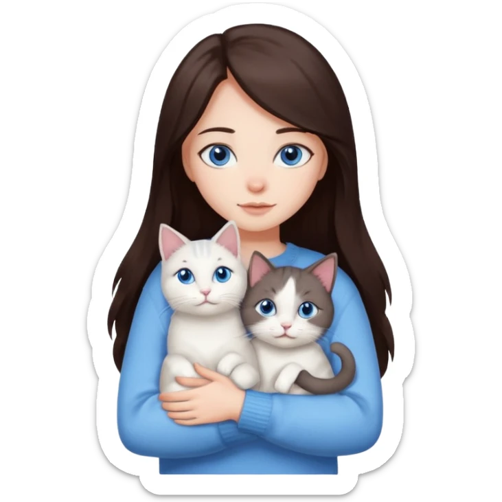 a girl with long dark 
brown hair, with blue eyes, in a
white sweater, hugs 3 different natural coloured cats sticker