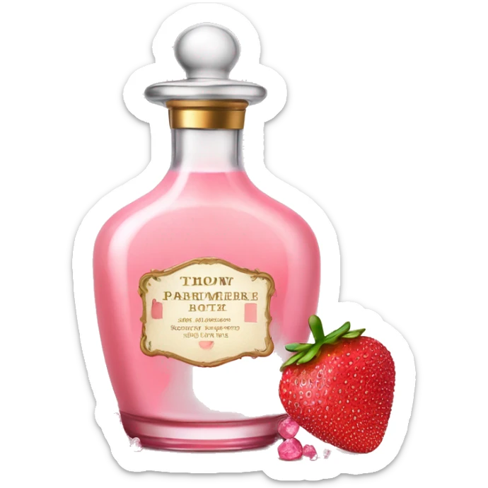 Antique parfumerie bottle with oil, made of red crystals, white cream and pink strawberry milk pour from the bottle sticker