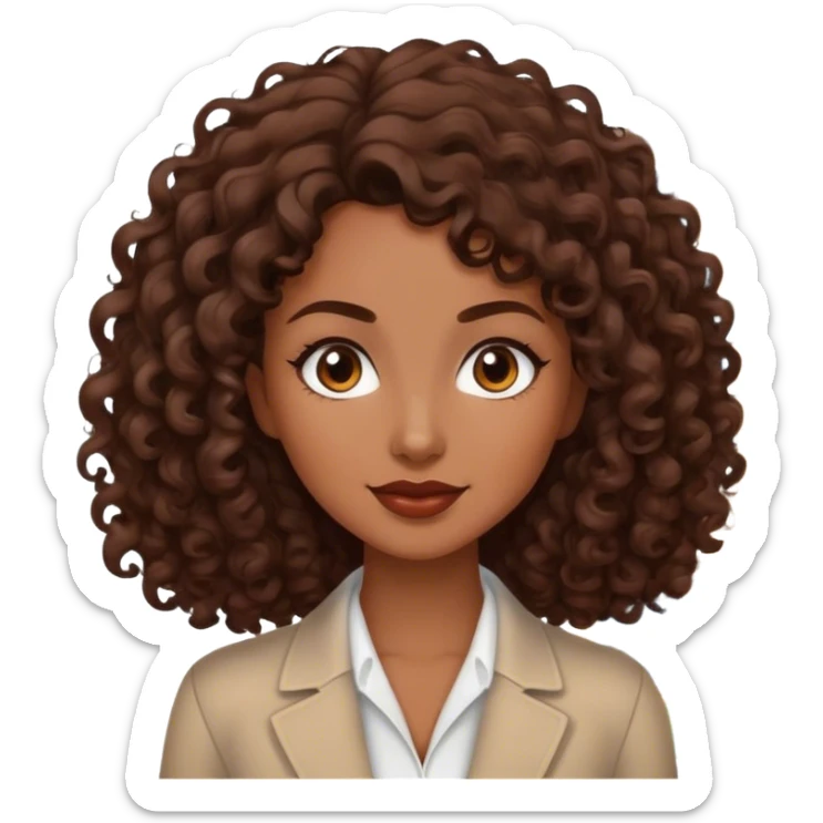 Dark brown lady with medium brown mid length curly hair in real estate job with house sticker