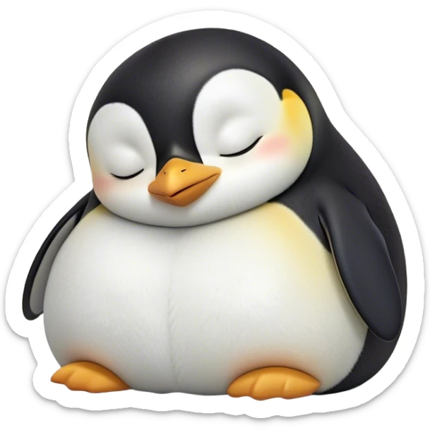 Meme-Worthy cute Sleeping Emperor Penguin Portrait Emoji, Head resting peacefully with a contented smile, showcasing luxuriously soft feathers and a serene, slumbering gaze, Simplified yet hilariously adorable features, highly detailed, glowing with a soft, drowsy polar light, high shine, relaxed and utterly lovable, stylized with an air of playful laziness, bright and heartwarming, soft glowing outline, capturing the essence of a comically sleepy emperor that feels destined to become the next viral sensation of adorable rest! sticker