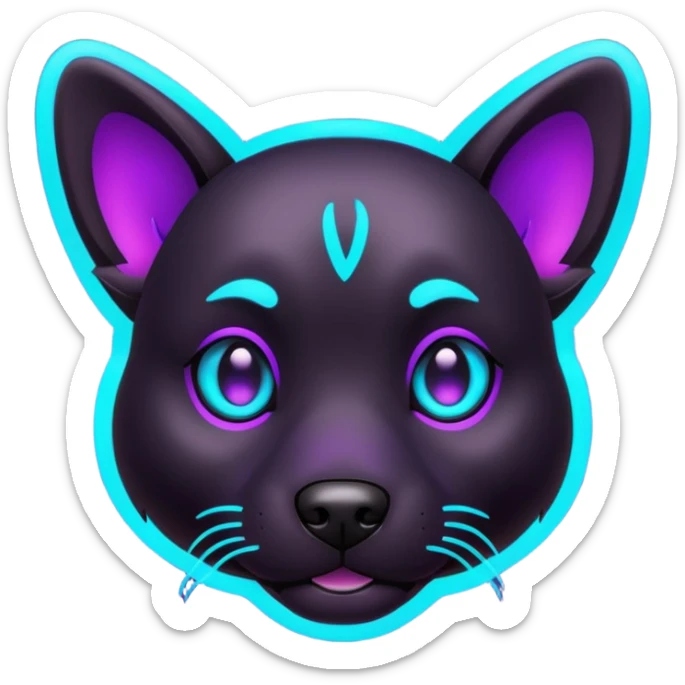 futuristic glowing black dog emoji, neon cyan eyes, purple #8B5CF6 highlights, tech minimal style, dark background sticker