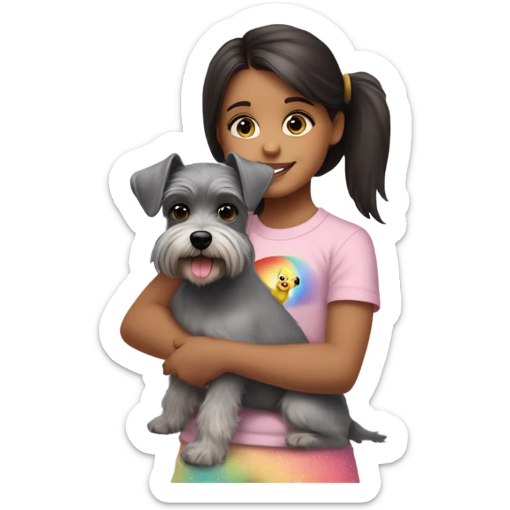 A tweety four-year-old girl with dark hair and brown eyes in a light pink T-shirt and rainbow leggings hugs a gray miniature Schnauzer dog sticker