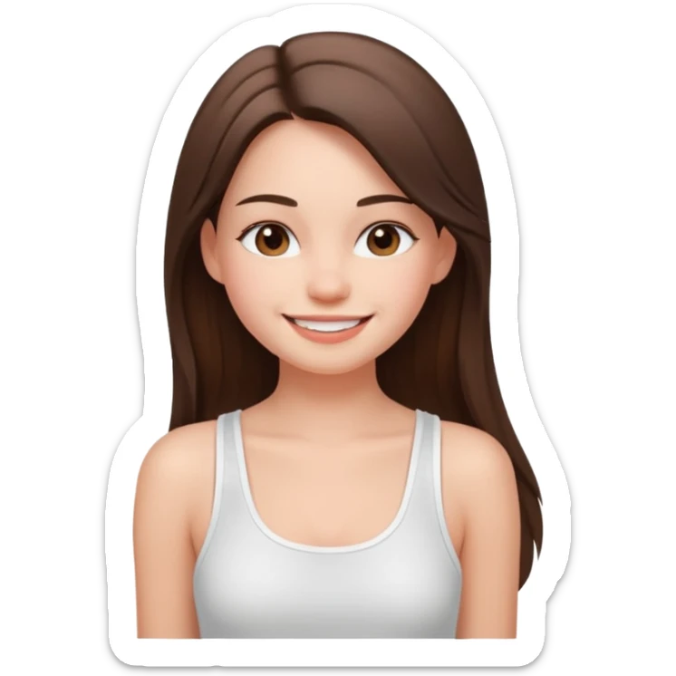 a pretty bratz fair girl with straight brunette long hair, wearing a white thin strap trap tank top, smiling sticker