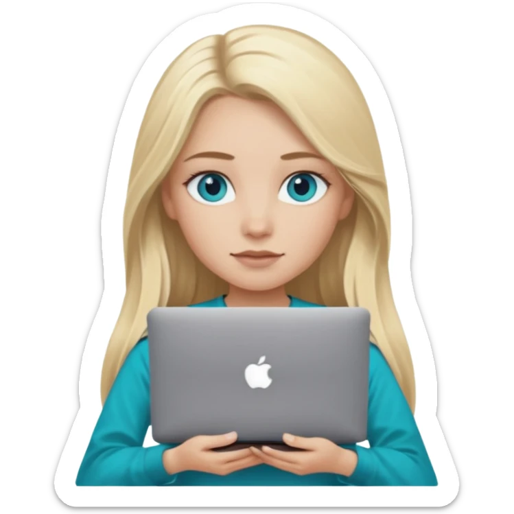 blonde long hair girl using macbook emoji. she has blue eyes and dark coffee shirt with Teal coloured accesory sticker