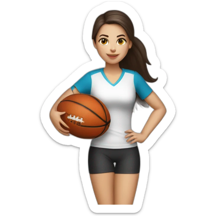 White skin brunette female playing football with basket ball sticker