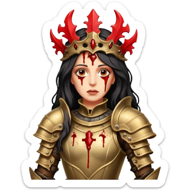 realistic cinematic actress Cher in baroque styling like Joan of Orleans dirty bloody damaged armor in a forest sticker
