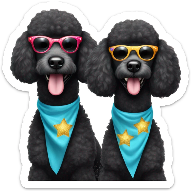 Two BLACK poodles wearing sparkling sunglasses with a big smile. Also with a bandanna around its neck. Both Dogs needs to be all black sticker