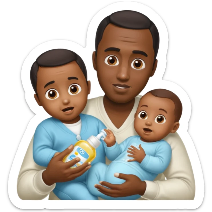 Sean “Diddy” Combs with baby oil and a very small infant and he’s pouring the baby oil on the baby and they have a scared face they’re really scared while diddy is happy sticker