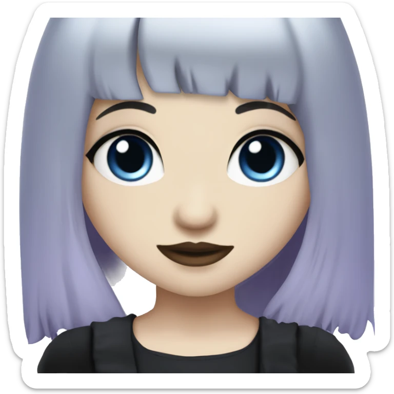gothic girl, pale skin, blue eyes, long hair, deep purple hair, bangs, black clothes, eyeliner, mole above left upper lip sticker