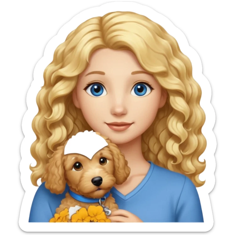 Long blonde hair, blue eyed woman with wavy blond goldendoodle sticker