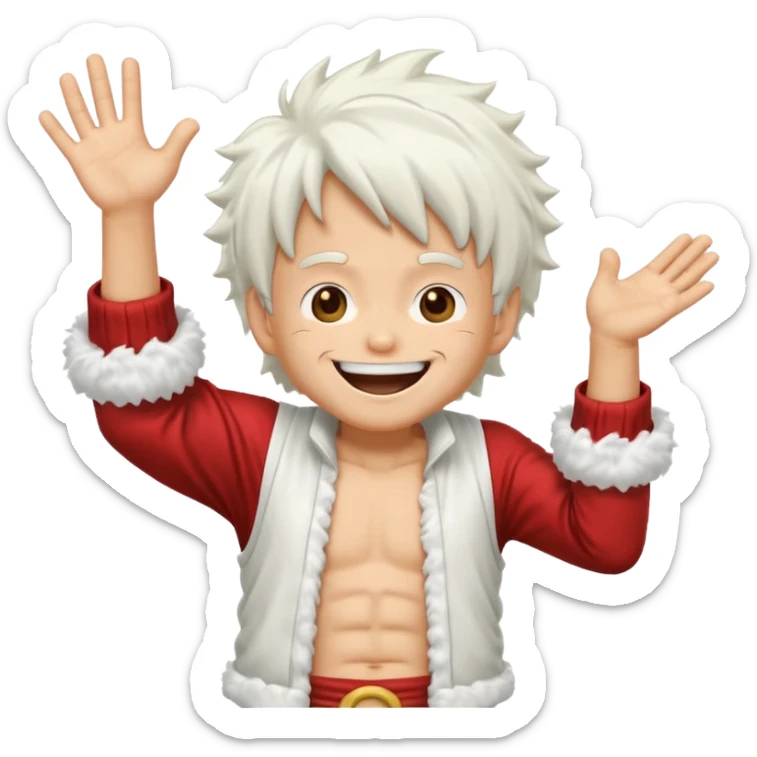a joyful cartoon-style emoji of Luffy as a laughing character with wild, fluffy white hair, and a glowing white outfit. The character should have a big open smile, one hand on its face in laughter , and be in a dynamic mid-air pose with bent legs, as if carefree and floating. sticker