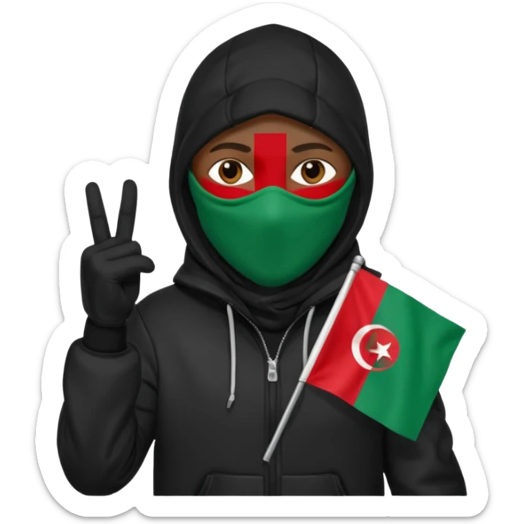 fait une personne habiller tout en noir avec une veste et une capuche et une cagoule qui tient un drapeua d'algerie dans sa main droite sticker