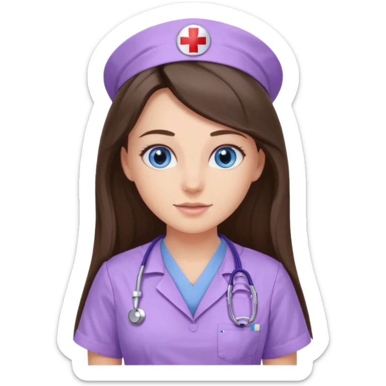 pretty brunette nurse with long hair and blue eyes in lilac scrubs sticker